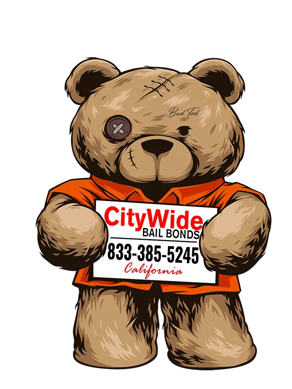Bad Ted Bear, CityWide Bail Bonds mascot, hands up